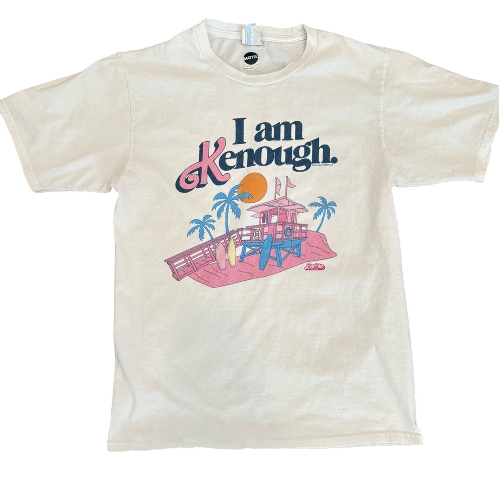 Mattel Barbie Movie I Am Kenough White Graphic T-Shirt Small Ken Lifeguard Stand